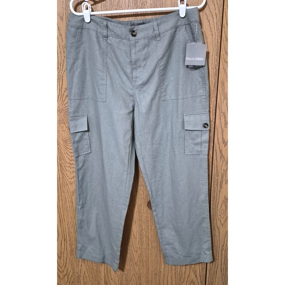 Falls Creek Women's Olive Green Relaxed Fit Linen Blend Pants Pockets Sz 10 NWT